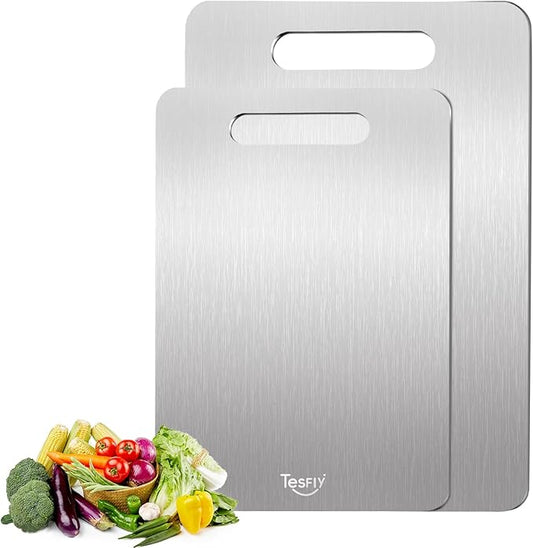 2 Pack Titanium Cutting Board -100% Pure Titanium Cutting Boards For Kitche,Easy to clean, Double-sided food-grade Cutting Board For Meats, Fruits And Vegetables (M+L) by TESFLY