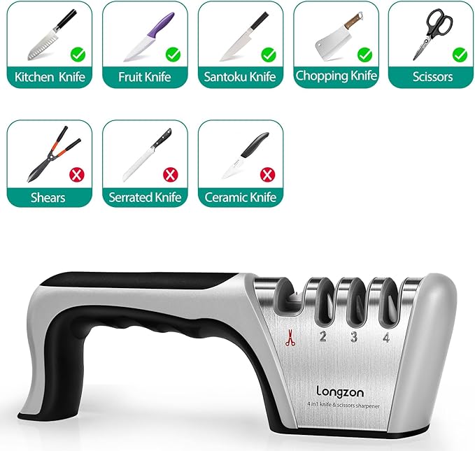 Longzon 5-in-1 Knife Sharpener 4 Stage with Cut-Resistant Glove, Quickly Sharpens & Restores Dull Blades, Easy & Safe for Home Kitchen Use, Fits Most Knives and Scissors, Black+Silver - Image 3