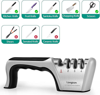 Longzon 5-in-1 Knife Sharpener 4 Stage with Cut-Resistant Glove, Quickly Sharpens & Restores Dull Blades, Easy & Safe for Home Kitchen Use, Fits Most Knives and Scissors, Black+Silver - Image 3