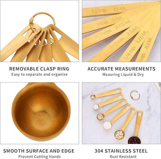 DOCBLACK Measuring Spoons, Heavy Duty 18/8 Stainless Steel Measuring Spoons Cups Set, Set of 6 for Gift Measuring Dry and Liquid Ingredients - Rose Gold