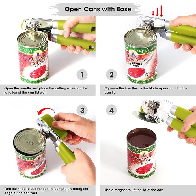 Beneno Heavy Duty Hand Can Opener Manual with Magnet, Durable Sharp Carbon Steel Blade Smooth Cutting, Big Effort-Saving Knob & Soft Grip Handle, Multifunctional Bottle Opener, Lime Green - Image 4