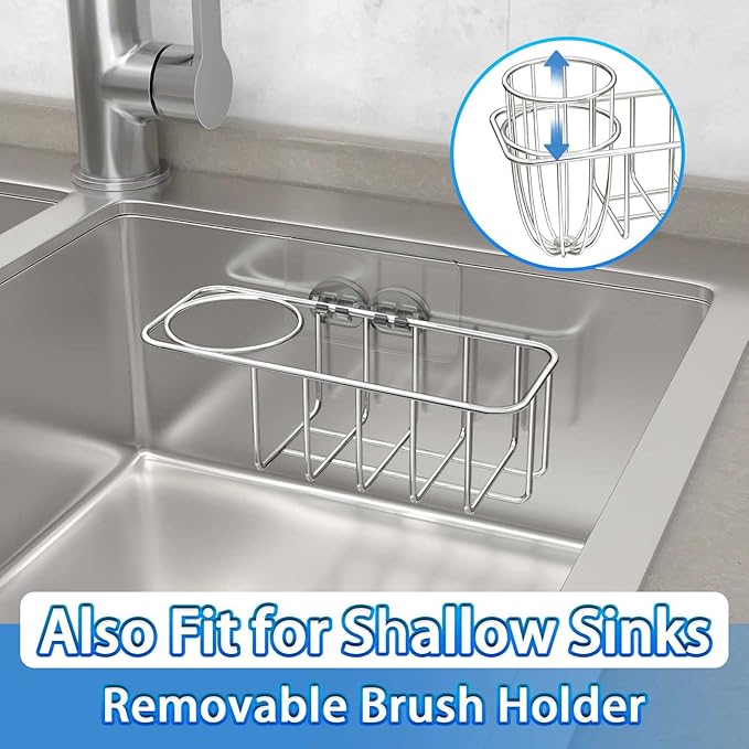 HULISEN 3-in-1 Sponge Holder for Kitchen Sink with Dish Brush Holder, Stainless Steel Caddy for Soap, Scrubber, No Drill and Rustproof, Silver - Image 7