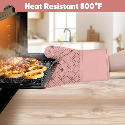 Oven Mitts and Pot Holders Set with Dishcloths, 500 Degree Heat Resistant Oven Gloves and Hot Pads, Premium Soft Cotton Kitchen Mittens and Dish Cloth Sets-Pink - Image 5