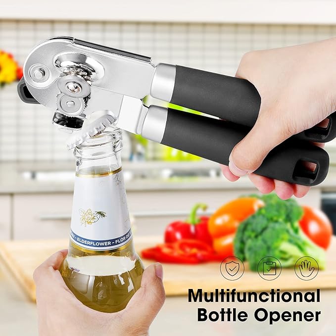 Beneno Heavy Duty Hand Can Opener Manual with Magnet, Durable Sharp Carbon Steel Blade Smooth Cutting, Big Effort-Saving Knob & Soft Grip Handle, Multifunctional Kitchen Tool with Bottle Opener, Black - Image 6