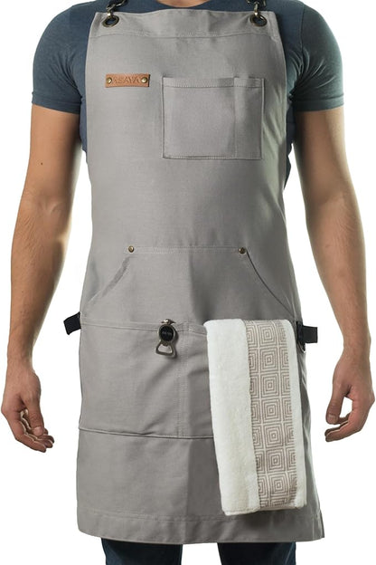 Asaya Chef and BBQ Apron with Bottle Opener and Hand Towel - 10oz Cotton Canvas, Stainless Steel Hardware - Cross Back Straps by AsayaChefProducts