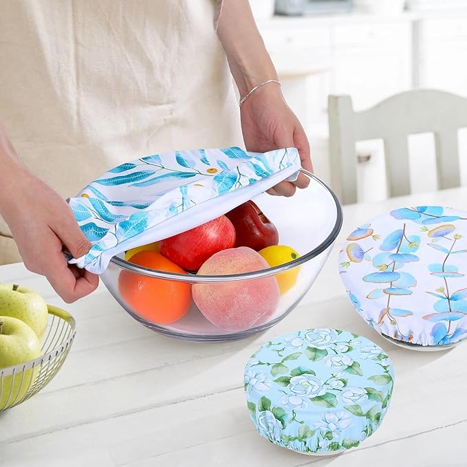 5 Pieces Bowl Covers Reusable, 5 Size Elastic Cloth Bowl Covers for Bread Proofing, Food Covers Washable for Food Fruits Leftover (Eucalyptus Leaves) - Image 3