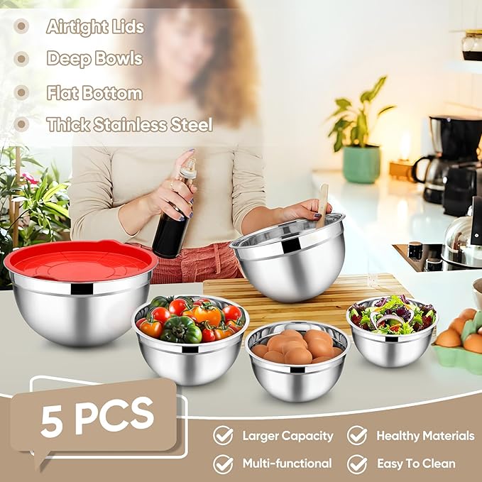 TeamFar Mixing Bowls, 4.5/3/1.5/1/0.7 QT, Stainless Steel Metal Nesting Salad Bowl with Lid Set, Ideal for Mixing Serving, Non-Toxic & Sturdy, Airtight Lid & Easy Clean, Red-Set of 5 - Image 3