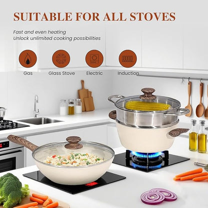 17 Pcs Pots and Pans Set, Nonstick & Non-Toxic Healthy Pots and Pans, Heat-Resistant Handles, Induction Cookware Sets with Frying Pans, White