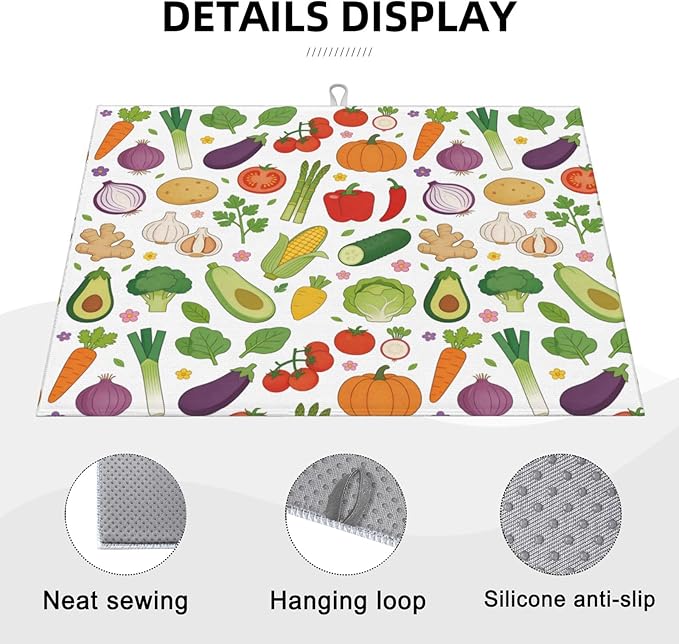 Vegetables Dish Drying Mat, for Farmhouse Kitchen Counter Microfiber Absorbent, Dish Draining Mat Extra Large 18"x24" - Image 3