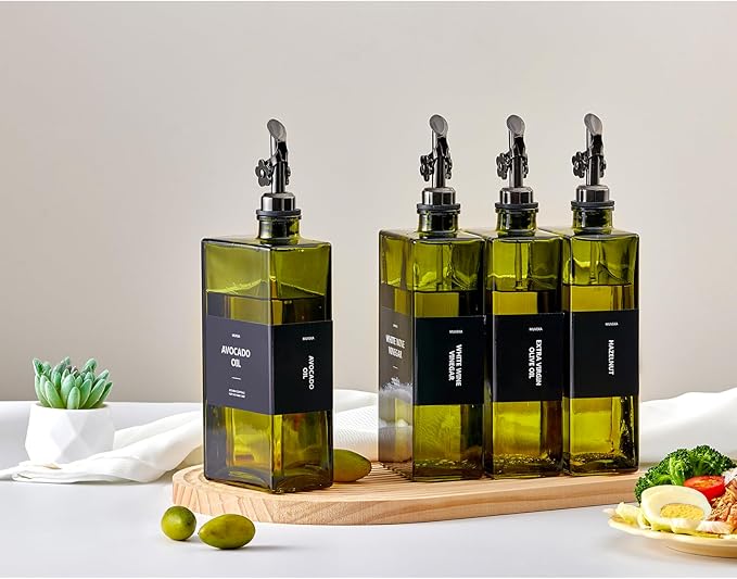 Olive Oil Dispenser Bottle for Kitchen, 16.9oz /500ml Cooking Vinegar Dispenser Bottle Set, Glass Sauce Container, Labels, Brush, Funnel, Stoppers, Green for Oil, Wine - Image 2