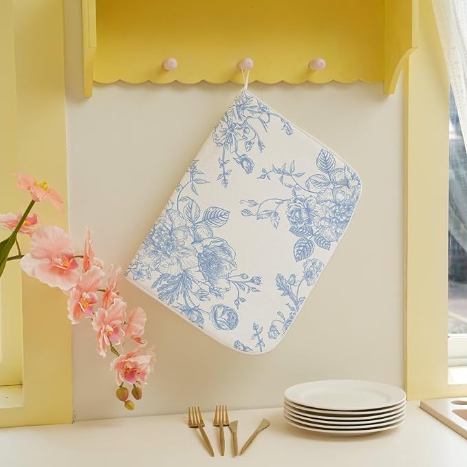 Baby Blue Chinoiserie Floral Dish Drying Mat 18 x 24 inch Vintage Flower Decorative Drying Mats Microfiber Absorbent Dish Washable Draining Mat for Kitchen Counter Decor