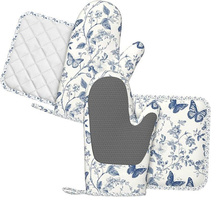 Oven Mitts and Pot Holders Butterfly Flower Vintage Blue Silicone Kitchen Accessories Set of 4 Heat Resistant Long Gloves Potholder Non-Slip Grip for Chef Cooking Baking Grilling BBQ