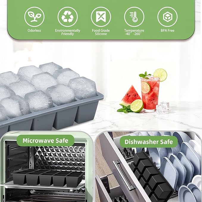 Ice Cube Trays for Freezer, 3 Pack Easy Release Slicone Ice Cube Tray with Lid, BPA Free Stackable Flexible Ice Mold 15 Square Reusable Ice Cubes for Whiskey, Baby Food, Ice Coffee (Grey+Blue+Green) - Image 5