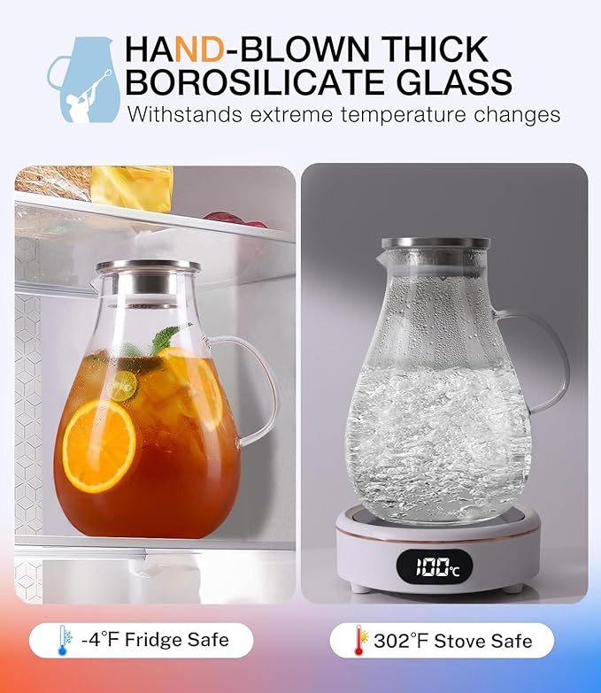 LUNA & MANTHA Glass Pitcher with Lid, 86oz Glass Water Pitcher, Large Hot Cold Water Jug, Borosilicate Drink Jug for Iced Tea, Sangria and Coffee Beverage Carafe with 2 Silicone Rings - Image 4