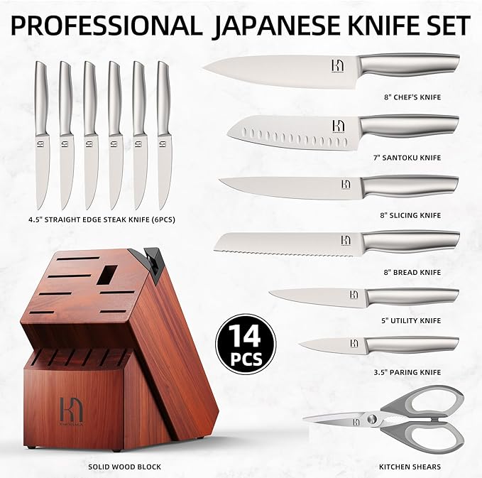 KnifeSaga Knife Set Premium, Japanese High Carbon Stainless Steel 14 Pcs Kitchen Knives Block Set with Built-in Sharpener and Wood Block, Razor Sharp Knife Sets for Kitchen with Ergonomic Handle - Image 6