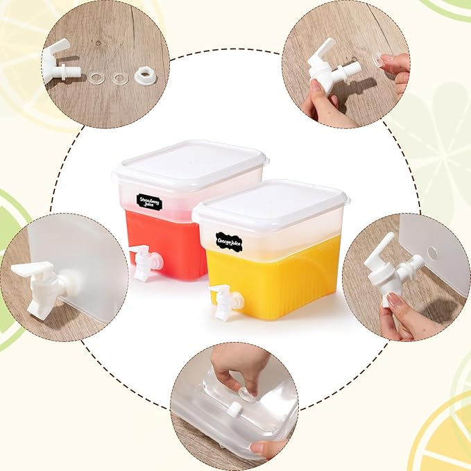 Mumufy 2 Pcs 1.32 Gallon Drink Dispensers for Parties with Spigot Plastic Beverage Dispenser for Fridge Juice Lemonade Container with Marker Sticker Family Daily Use