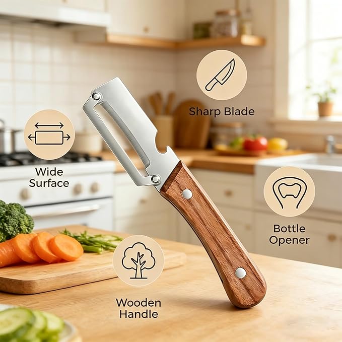 2-in-1 Multifunctional Vegetable Peeler with Wooden Handle & Stainless Steel Blade, Multifunctional Vegetable Peeler, Built-in Bottle Opener, Fruit & Vegetable Kitchen Peeling Tool (2Pcs) - Image 3