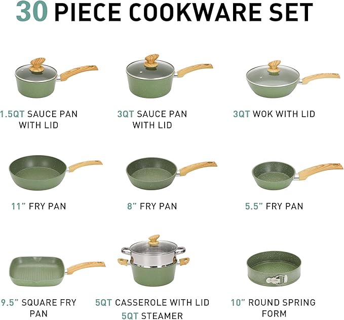 MAISON ARTS Pots and Pans Set Non Stick, 30 Piece Kitchen Cookware & Bakeware Sets with Granite Coating, Pots and Pans Sets for Cooking Nonstick, Green - Image 5