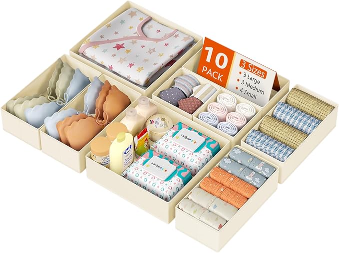 DIMJ Drawer Organizer Clothes 10 Pack - Foldable Baby Organizers and Storage & Dresser Organizer for Bedroom, Closet - Nursery Organization Dresser Dividers for underwear, Sock,Bra, Belt, Tie, Beige by DiMJ