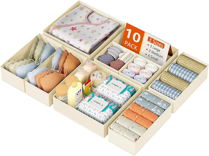 DIMJ Drawer Organizer Clothes 10 Pack - Foldable Baby Organizers and Storage & Dresser Organizer for Bedroom, Closet - Nursery Organization Dresser Dividers for underwear, Sock,Bra, Belt, Tie, Beige by DiMJ