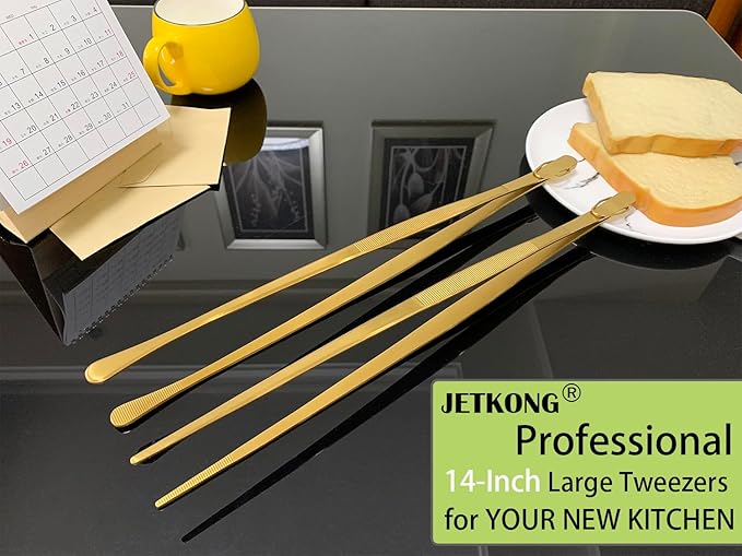 JETKONG 2 Pcs 14-Inch Cooking Tweezers Extra Long Stainless Steel Food Tweezers Kitchen Tweezer Tongs (Gold) - Image 4