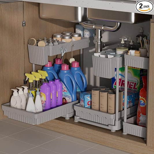 Sevenblue 3 Pack Multi-Purpose Under Sink Organizers and Storage, 2026 L-Shaped Pull Out Cabinet Organizer for Bathroom & Kitchen, Under Cabinet Organizer with Hooks Hanging Cup (Grey, 14.85 inch) by Sevenblue