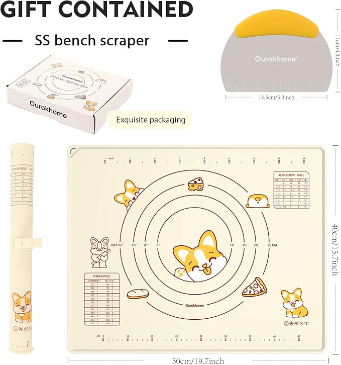 Ourokhome Silicone Baking Mat Sheet and Pastry Dough Cutter, 0.5 Inch Thick 20'' X 16" BPA free Silicone Rolling Mat, Non-Stick and Anti-Slip, Dishwasher Safe (Beige) - Image 2
