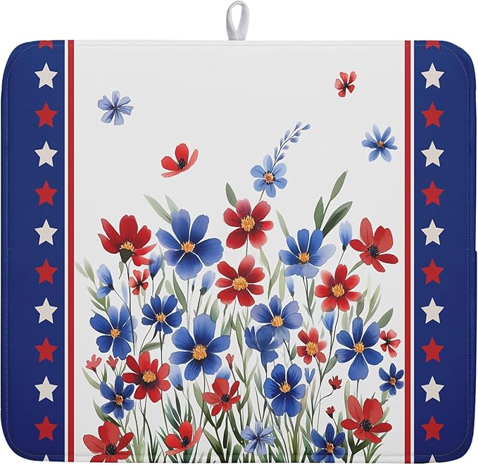 4th of July Dish Drying Mats for Kitchen Counter Patriotic Star Microfiber Absorbent Dish Drainer Rack Mat Summer Floral Independence Day Protector Sinks Dishes Pad for Countertop Table Decor 16”x18”