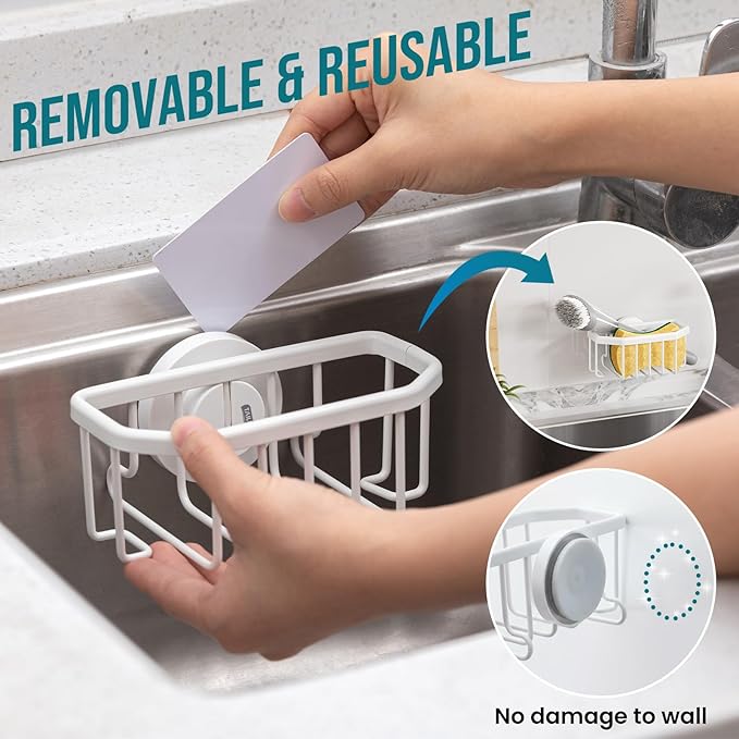 TAILI Sponge Holder for Kitchen Sink with Strong Suction Cup Removable, Rustproof Aluminum Sink Caddy for Sponge, Brush, Scrubber, Scraper -Gold - Image 6