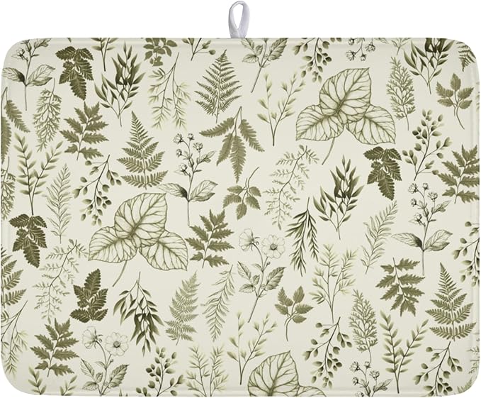 Vintage Botanical Floral Dish Drying Mat for Kitchen Counter Sage Green Herbs Fern Leaves Plant Microfiber Dish Drainer Mat Absorbent Washable Drying Pad Extra Large 18"x24"