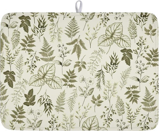 Vintage Botanical Floral Dish Drying Mat for Kitchen Counter Sage Green Herbs Fern Leaves Plant Microfiber Dish Drainer Mat Absorbent Washable Drying Pad Extra Large 18"x24"