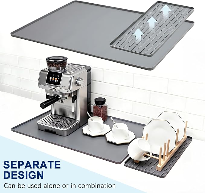 Silicone Coffee Mat 24" x 16", Heat Resistant Non Slip Leak Proof with Concave Convex Design & Detachable Drying Layer, Coffee Bar Mat for Espresso Machine, Coffee Maker Countertops (Gray) - Image 2