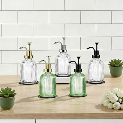 SheeChung Clear Glass Soap Dispenser, 12 Oz Liquid Hand Soap Dispenser with Pump, Refillable Lotion Dish Soap Dispenser for Kitchen, Stripes Shampoo Bottle, Bathroom Countertop (Black Pump, 1 Pack)