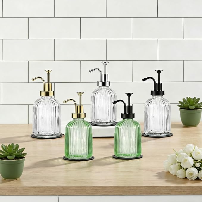 SheeChung Clear Glass Soap Dispenser, 12 Oz Liquid Hand Soap Dispenser with Pump, Refillable Lotion Dish Soap Dispenser for Kitchen, Stripes Shampoo Bottle, Bathroom Countertop (Black Pump, 2 Pack)