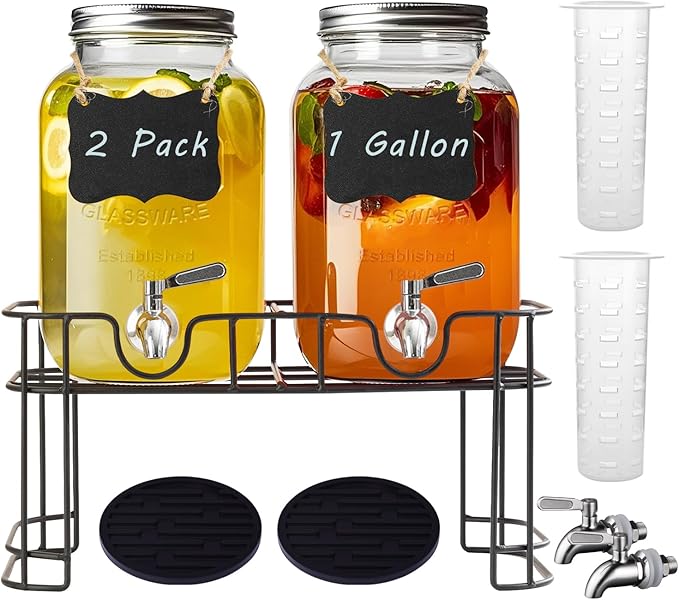 1 Gallon Glass Drink Dispenser with Stand,2 Pack Glass Beverage Dispenser with Stainless Steel Spigot,Water Lemonade Dispenser for Parties by Galssmaic