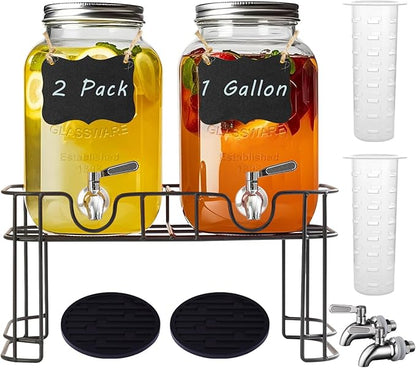 1 Gallon Glass Drink Dispenser with Stand,2 Pack Glass Beverage Dispenser with Stainless Steel Spigot,Water Lemonade Dispenser for Parties by Galssmaic