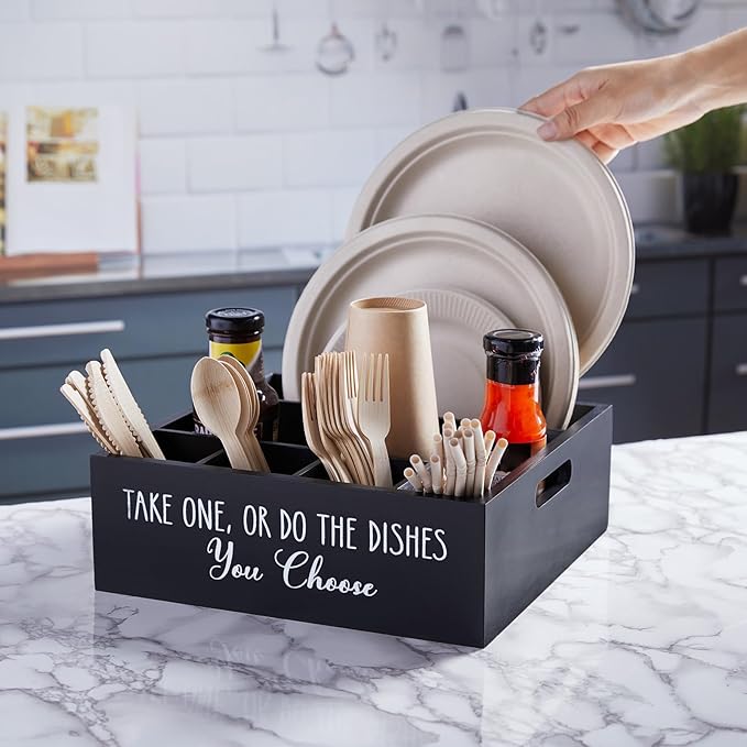 ALELION Paper Plate Dispenser for Countertop - Wooden Utensil Holder Organizer for Party - Silverware Caddy for Plate, Cup, Fork, Spoon - Cutlery Holder with Handles for Kitchen Camping Buffet - Image 3