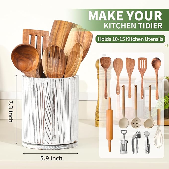 Wooden Utensil Holder, 360°Rotating 7.3'' Large Utensil Holder for Kitchen Counter, Kitchen Utensil Organizer, Utensil Crock, Farmhouse Kitchens Countertop Decor, Distressed White - Image 2