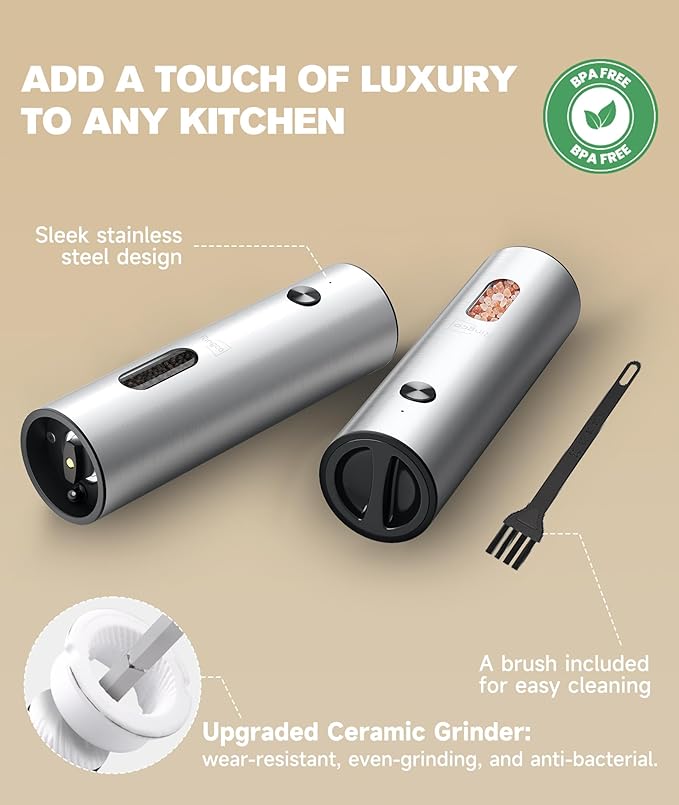 Electric Salt and Pepper Grinder Set with Charging Base, Rechargeable Salt and Pepper Mill with Adjustable Coarseness, LED Light, 110ml Large Capacity for Kitchen, Outdoors, Gifts for Women