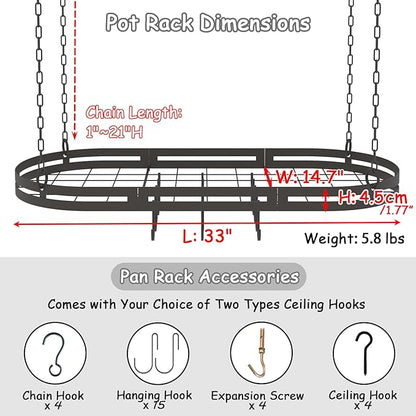 33” Hanging Pot Rack Ceiling Mount, Black Metal Pan Rack Hanging with 15 Hooks, Oval Pots and Pans Hanging Rack, Ceiling Hanging Pot Racks with Grid, Pan and Pot hangers for Kitchen Cookware Utensils