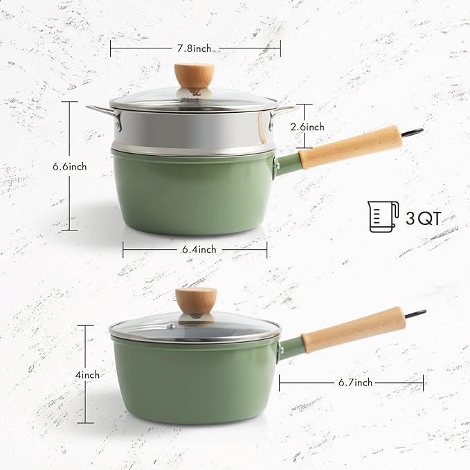 ROCKURWOK Ceramic Nonstick Sauce Pan, 3 QT Pot with Steamer, Non Toxic & PFAS-Free, Wooden Handle for Cool Touch, Universal Base(Gas, Electric & Induction), Green - Image 7