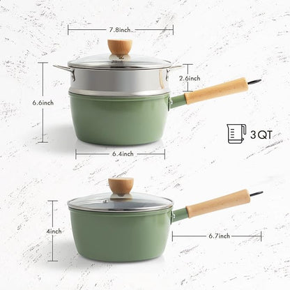 ROCKURWOK Ceramic Nonstick Sauce Pan, 3 QT Pot with Steamer, Non Toxic & PFAS-Free, Wooden Handle for Cool Touch, Universal Base(Gas, Electric & Induction), Green - Image 7