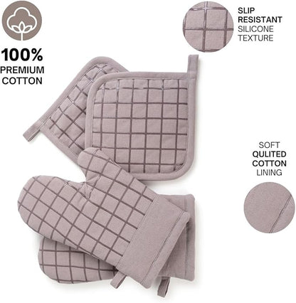 Oven Mitts and Pot Holders Set for Kitchen | 4 Pc Set| Heat Resistant Up to 500°F | Non-Slip Silicone Strips | Grey Kitchen Accessories | Includes 2 Hot Pads & 2 Cooking Mitts