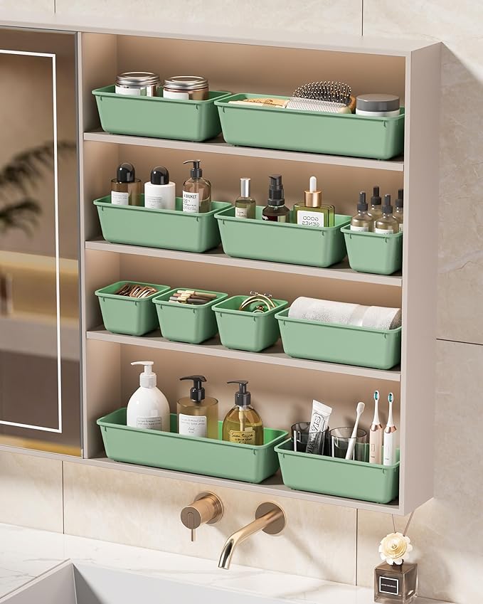 KEMETHY 25 PCS Plastic Drawer Organizers Set, 4 Sizes Vanity Organizer, Makeup and Desk Drawer Organizer Trays, Organization and Storage for Makeup, Bathroom, Kitchen Utensils and Office (Green) - Image 7