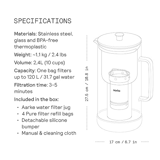 Aarke Purifier Regular Glass Pitcher Bundle w/Steel Filter, BPA-Free, 4 Pure Refill Granules - Filters Heavy Metals, 2.4L Pitcher with 1.18L Filtration Capacity - Image 8