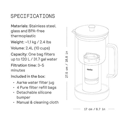 Aarke Purifier Regular Glass Pitcher Bundle w/Steel Filter, BPA-Free, 4 Pure Refill Granules - Filters Heavy Metals, 2.4L Pitcher with 1.18L Filtration Capacity - Image 8