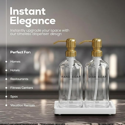 Luxury Glass Hand and Dish Soap Dispenser Set by Brighter Barns - Gold Kitchen Soap Dispenser Set with Stainless Steel Pumps and Ceramic Tray - Modern Kitchen Decor for Home, Airbnb, Gift (Clear/Gold) - Image 2