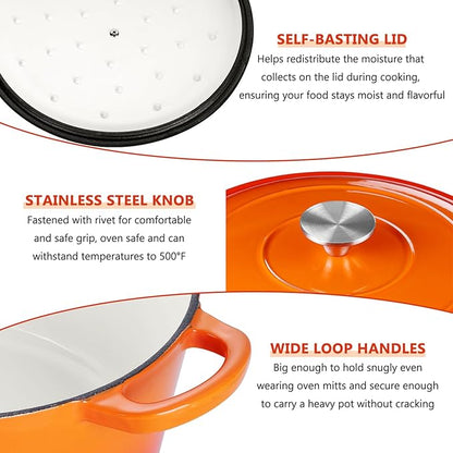 E-far 3 Qt Enameled Cast Iron Dutch Oven with Lid, Small Round Nonstick Dutch Oven Pot for Bread Baking Braising Stews Roasting Cooking, Heavy Duty, Induction & Oven Safe - Orange