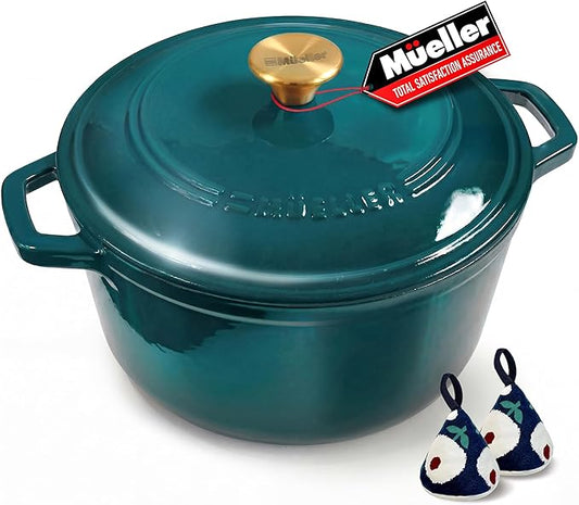 Mueller DuraCast 6 Quart Enameled Cast Iron Dutch Oven Pot with Lid, Sourdough Bread Baking, PFOA-Free, 500°F Oven Safe - All Cooktops incl. Induction, Braising & Slow Cooking, Emerald by MUELLERHOME