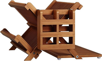 Greenual Teak Dish Drying Rack with Utensil Holder, 3 Tier Collapsible Dish Rack, Wooden Dish Racks for Kitchen Counter, Large Folding Drying Holder with Absorbent Dish Drying Mat - Image 7